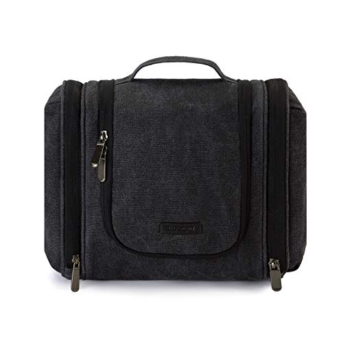 Toiletry Bag, BAGSMART Canvas Travel Toiletry Organizer with hanging hook, Water-resistant Cosmetic Makeup Bag Travel Organizer for Shampoo, Full Sized Container, Toiletries, Black