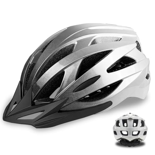 AISSTXOER Bike Helmet for Adults, CPSC-Certified 56-62cm Adjustable Road Cycling Helmet, Lightweight, Streamlined & 24-Vent One-Piece Moulded Design, with Detachable Visor (Black-Silver Gradient)