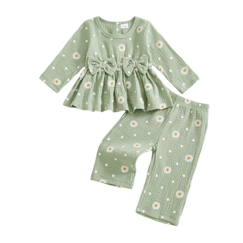 Kaipiclos Baby Girl Clothes Toddler Girl Outfit Bows Ruffle Shirt Pants Cotton Linen Baby Clothes for Girls 12 18 24 Month 3T