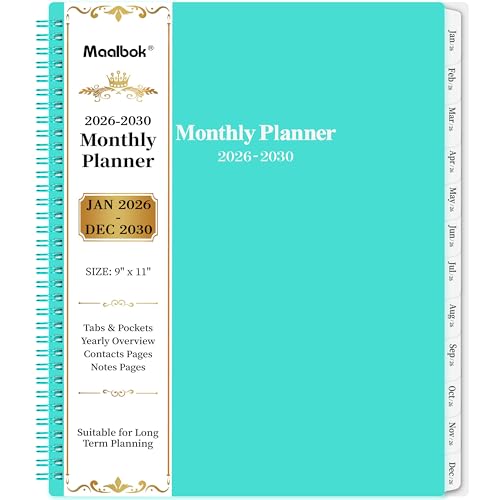 2026-2030 Monthly Planner/Calendar - Jan 2026 - Dec 2030, 5 Year Monthly Planner 2026-2030 with Tabs & Celebrity Quotes, 9" x 11", Famous Quote, Two-Side Pocket, Suitable for Long-Term Planning, Green