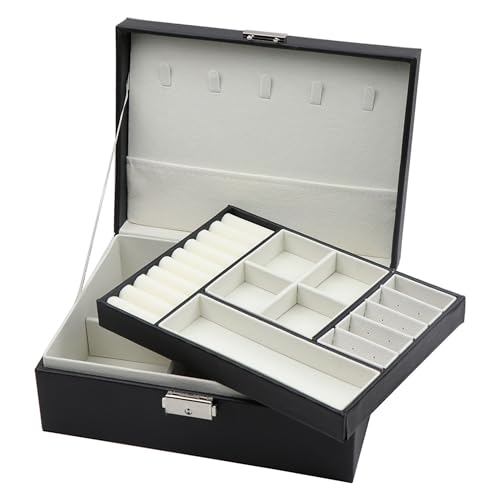 Homeanda Jewellery Box with Lock, 2-Layer Leather Jewellery Organizer boxes for Women Girls Teens, Large Jewellery Storage Box for Necklaces, Bracelets, Rings, Earrings -Black