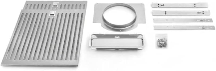 Components of the Vissani Range Hood including grease filters, installation kit, and ducting adapter.
