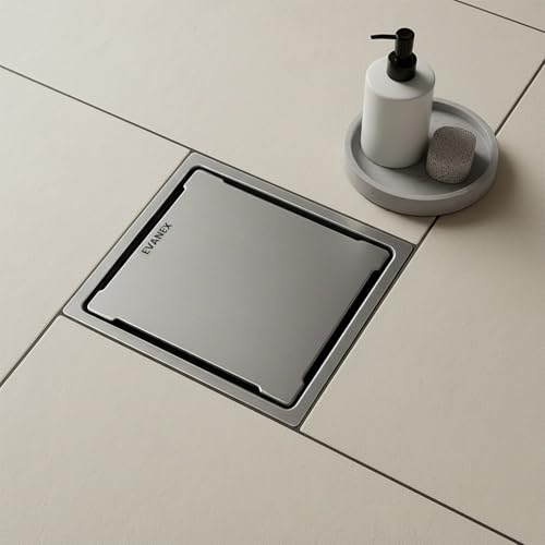 Image of EVANEX Square Shower Drain Channel | 6x6 Inch Floor Drain | 304 Stainless Steel Bathroom Jali |Waste Water Bathroom Drainer with Cockroach Trap | Silver| Bathroom Accessories Set