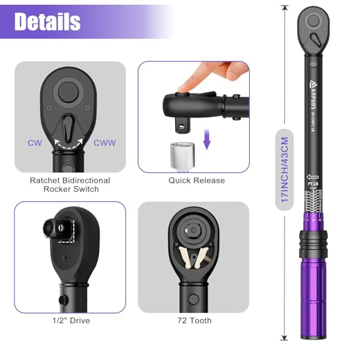 Image of ANPUDS 1 /2 Inch Drive Click Torque Wrench,10-170 Ft-Lb /13.6-230.5 Nm | Dual-direction Adjustable Torque Wrench with Dual Range Scales, 72 Tooth, ±3% High Precision for Moto, Car Maintenance