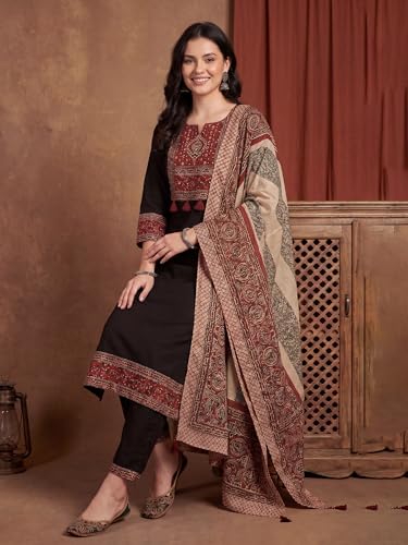 Image of INDO ERA Women's Straight Pure Cotton Floral Self Design Kurta & Pant With Dupatta Set | Kurta Sets For Woman