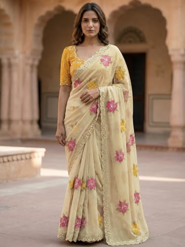 Image of SIRIL Women's Embroidery, Mirror Work, Scalloped Border Shimmer Georgette Saree With Unstitched Blouse Piece
