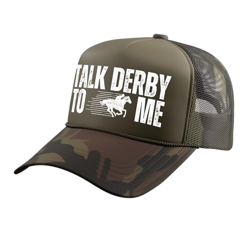 Talk Derby to Me Funny Horse Racing Derby Day Trucker Hat with Adjustable Mesh Back, Camo Green