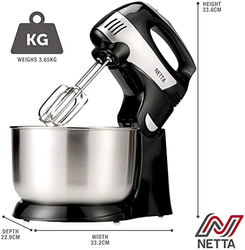 NETTA 2 in 1 Hand & Stand Mixer, 4.3L Stainless Steel Mixing Bowl, Attachments Included, 5 Speed Control with Turbo Function - 300W  Black and Stainless Steel