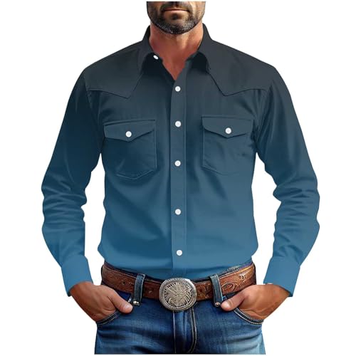 Mens Western Cowboy Shirt Lightweight Spring Long Sleeve Stretch Fit Dress Shirts Casual Cotton Button Up Work Tops