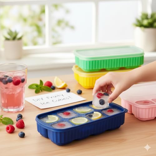 Image of KASHIVAL Flexible Silicone 8 Cavity Ice Cube Tray with Lids Mold Trays for Freezer and Cocktails Easy Release Whiskey Fridge Bar Soft Ice Tray (2, Multicolor)