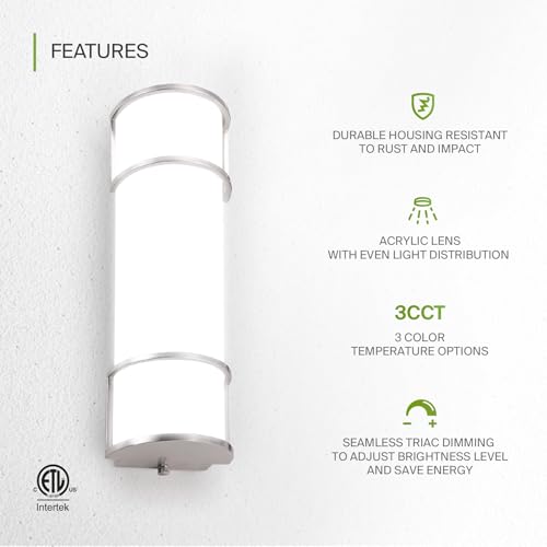 Image of ASD LED 18 inch Vanity Flush Mount Light Fixture, Linear Bathroom Lighting Bar | 3CCT, Dimmable, ETL Listed | 20W 2300LM 3000-5000K 100-277V | Long Tube Bath Wall Sconce Over Mirror | Nickel, 4 Pack