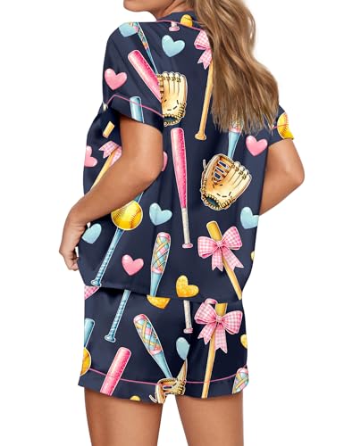 Image of SHESHOW Pajamas for Women Set Satin Button Down Short Sleeve Top and Shorts Pjs Sets Sport Ball Print Sleepwear XS-XXL