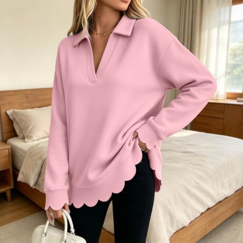 Scalloped Sweatshirt for Women Casual V Neck Pullover Collar Tops | Casual long sleeve top with scalloped cuffs and hem, V neck collar, loose fit, cozy for fall work, travel, daily wear - image 4