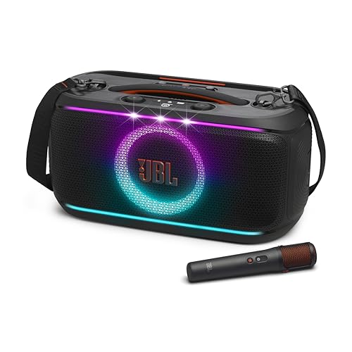 JBL PartyBox On-The-Go 2 - Portable Party Speaker with one Wireless Digital mic Handle and a Shoulder Strap Dynamic lightshow Up to 15 Hours Playtime Splash Proof & Auracast (Black)
