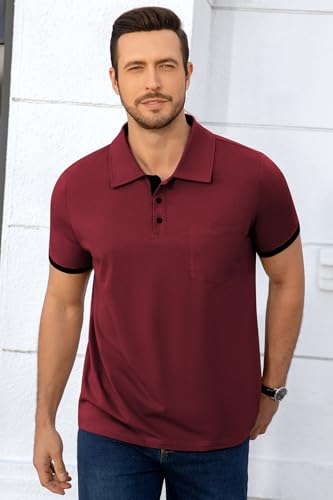 Polo masculino de verano con puños contrastantes y cuello, casual, de manga corta y tres botones, con bolsillo miniatura 2