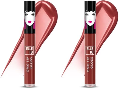 Image of Elle 18 OMG Lip Gloss, Glossy Finish, Brownie Babe, Non-sticky Formula, Light-weight, Moisturising, Infused with Rapeseed and Jojoba Oil, Full Coverage| 2.5ml (Pack of 2)