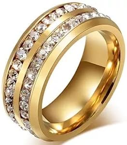 FuZhiBang NL10 Mens Womens 8MM Titanium Stainless Steel High Polished 18K Gold Plated Channel Set Cubic Zirconia CZ Promise Engagement Band Unisex Gold Wedding Ring Comfort Fit, Size 6-13 (8, Gold)