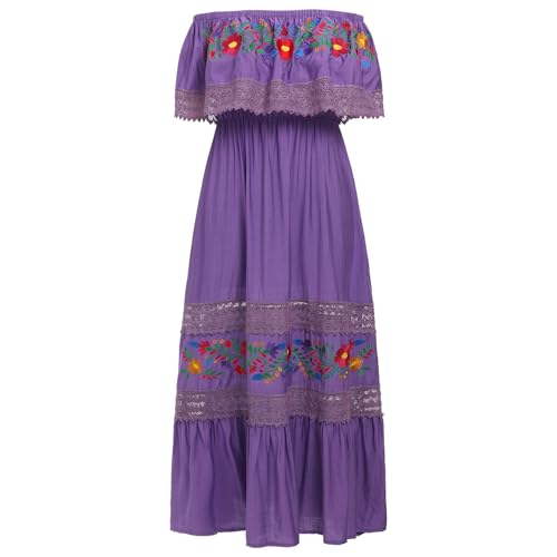 Image of ABEHIK Mexican Dress for Women Traditional Off Shoulder Embroidered Present Casual Lace Long Maxi Dress Cinco de Mayo Outfit