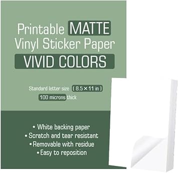 ProLine Printable Vinyl Sticker Paper for Laser/Inkjet Printer - Matte White - Self-Adhesive - Waterproof Decal Paper - Standard Letter Size 8.5x11 (50 Sheets)