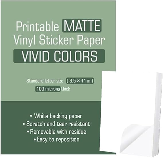 ProLine Printable Vinyl Sticker Paper for Laser/Inkjet Printer - Matte White - Self-Adhesive - Waterproof Decal Paper - Standard Letter Size 8.5x11 (50 Sheets)