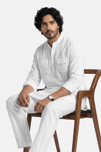 Image of SNITCH Men Casual Kurta Shirt | Regular Fit Full Sleeve Mandarin Collar Solid Pattern | Premium Cotton Linen Blend & Breathable Fabric for Festive Season & Holiday Wear
