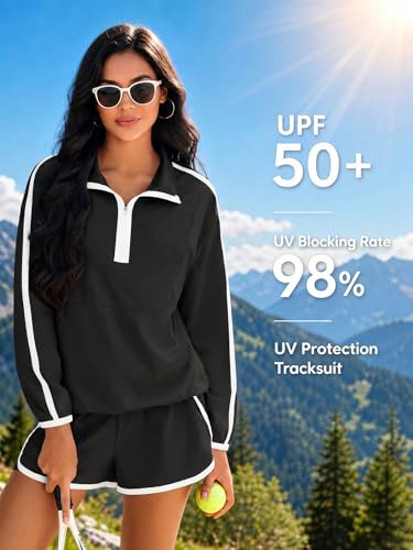 Fisoew Womens 2 Piece Outfits Sets Half Zip V Neck Long Sleeve Pullover Tops Shorts Casual Tennis Running Tracksuits - image 2