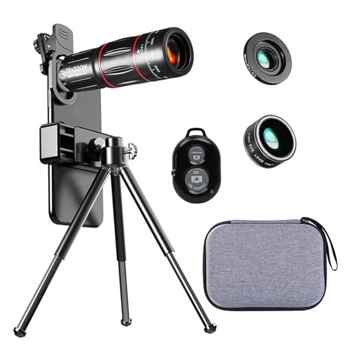Universal Phone Camera Lens Kit 4 in 1, 28X Telephoto Lens Macro Lens 0.6X Wide Angle Lens 198° Fisheye Lens, with Lens Clip/Phone Clip/Tripod/Remote Shutter/Storage Box