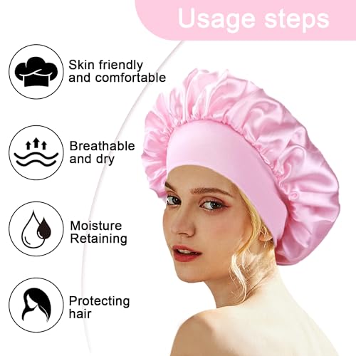 Image of Satin Bonnet Sleep Cap with Wide Elastic Band Silk Wrap Soft Headwear Sleep Cap for Women Girls Curly Hair