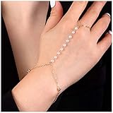 FLXHHX Pulsera con Anillo de Dedo de Perlas Bohemias, Pulsera de Cadena esclava con Cuentas Doradas, Pulsera de muñeca con Anillo de Perlas de Boda, Pulsera de Cadena de Mano con Perlas Vintage,