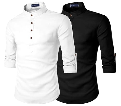 Image of Zombom Men's Combo Cotton Polyester Blend Solid Full Sleeve Straight Regular Fit Mandarin /Chinese Collor Kurta (Pack of 2)