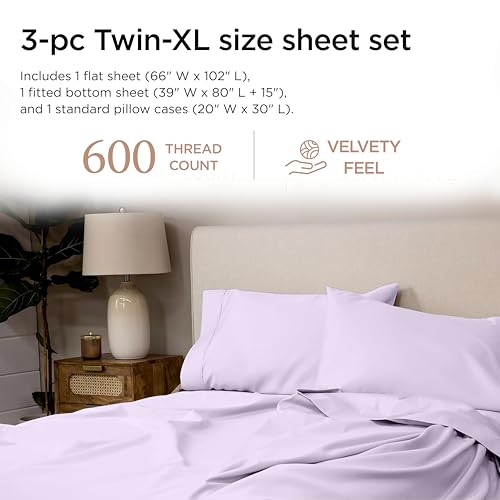 Image of Threadmill Sheets for Twin XL Mattress | 600 Thread Count Twin XL Bed Sheets Set with 15 inch Deep Pocket | Sateen Weave 3-Piece Bedding Set with Cooling Effect | Lilac