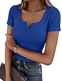 Totatuit Camiseta Básica Mujer Verano Manga Corta Top Cuello Henley T-Shirt Elegante de Punto Elástico Sólido Ligero Casual Túnica Camisetas Azul Klein XXL