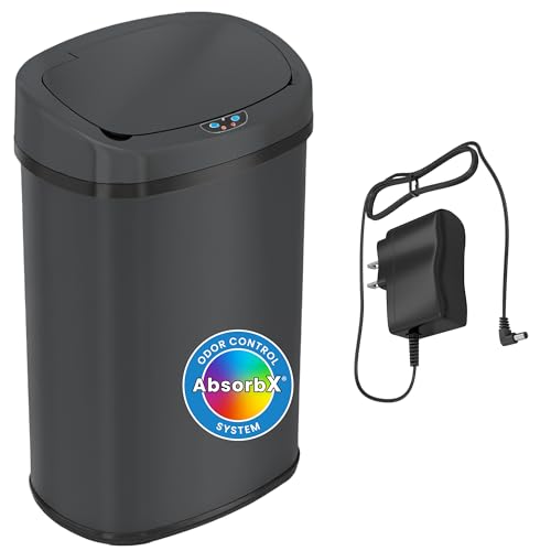 SensorCan 13 Gallon Automatic Sensor Trash Can with Lid, AC Adapter Included, AbsorbX Odor Control, Gunmetal Gray Stainless Steel Kitchen Garbage Bin, Fingerprint-Proof, Hands-Free Operation, Oval