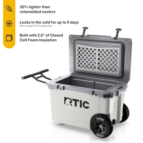 Image of RTIC 52 Quart Ultra-Light Wheeled Hard Cooler Insulated Portable Ice Chest Box for Beach, Drink, Beverage, Camping, Picnic, Fishing, Boat, Barbecue, 30% Lighter Than Rotomolded Coolers