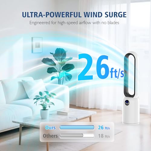 Image of 36 inch Bladeless Tower Fan for Bedroom, Powerful 26ft /s Airflow, 24 Speeds, 90 Oscillation, 12H Timer, Standing Fans with Remote, Quiet Bladeless Cooling Fan for Home Office Room, White Black