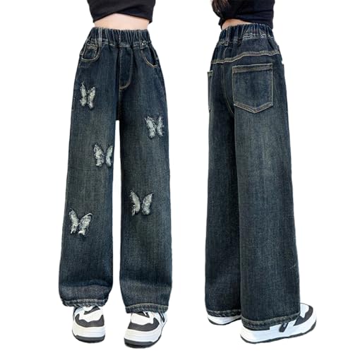 Tween Girls Baggy Jeans Y2k, Elastic Waistband Butterfly Embroidery Straight Leg Denim Pants with Back Pockets