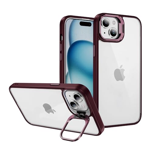 Image of Vaku Luxos Thermoplastic Polyurethane Lens Flip Back Cover For iPhone 15 Plus Stand Holder Back Case With Lens Guard Scratch Resistant Slim Thin Military-Grade Protection-Cherry