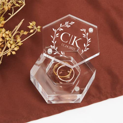 Ter Personalized Clear Hexagon Wedding Ring Box,Engraved Romantic Wedding Jewelry Bearer Box,wedding ring boxes for ceremony,Custom Names & Date, Transparent. (6.5 * 5.6 * 3 CM,Transparent)