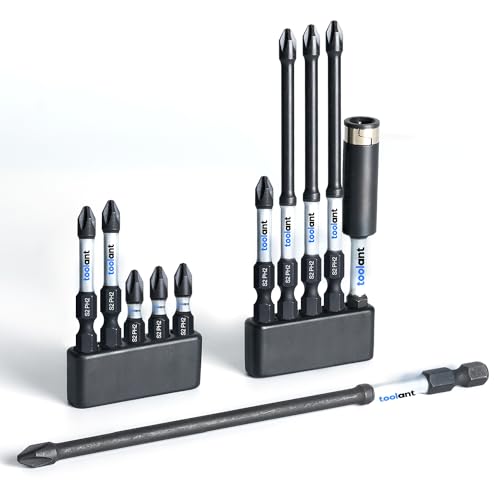 toolant Anti Slip Phillips Screwdriver Bits, #2 Magnetic Non Slip Impact Screwdriver Bits with CNC Machined Tips,11pcs Insert S2 Steel PH2 Driver Dit Set with Magnetic Bit Holder for Power Drill