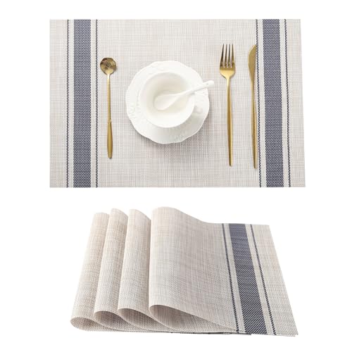 Leetaltree Khaki-Blue Placemats, Heat Resistant Non-Slip Place mats for Dining Table, Washable Durable PVC Vinyl Woven Table Mats (Set of 4) by Leetaltree - Used condition - US$8.99