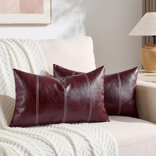 Fancy Homi 2 Packs Burgundy Lumbar Faux Leather Decorative Throw Pillow Covers 12x20 Inch for Outdoor Couch Bed, Modern Farmhouse Boho Home Decor, Wine Red Hand Stitched Cushion Case 30x50 cm