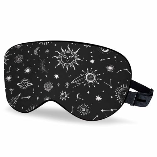 Vnwoalu Starry Sky Sleep Eye Mask Black White Stars Comets Suns Moon Constellation Men Women Sleep Mask with Adjustable Strap Eye Cover Eye Shade for Travel, Nap,Meditation