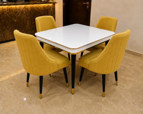 Image of WOODEN SPACE 4 Seater Wooden Dining Table Set | Urban Marble Top Dining Table with Chairs for Dining Room & Kitchen (Modern Infinity Backline Yellow) (42 x 42 x 30 inch)