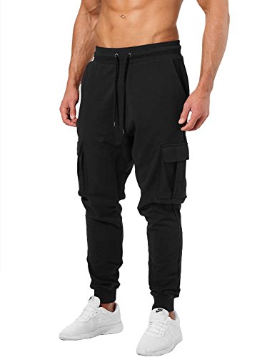 Ouber Men's Cargo Joggers Gym Pants with Zippered Pockets (S,Black)