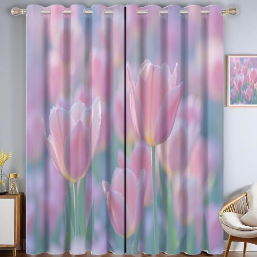 Cortina Opacas Largas 140x260 cm Tulipan Rosa Cortinas Salon Modernas 2 Piezas 3D Campo de Flores de Verano Cortina Termicas Aislantes Frio Y Calor con Ojales para Dormitorio Adulto B.1111