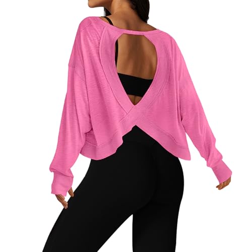 Image of UNIANKIYA Open Back Workout Tops for Women Long Sleeve Cropped Athletic Clothes Gym Running Yoga Low Impact Sports T Shirts