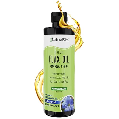 NaturalSlim Flax Oil - Suplemento líquido de aceite de linaza con Omega 3 6 9 - Orgánico certificado prensado en frío para cabello, piel, uñas, células sanas y cocina - 16 fl. Oz.
