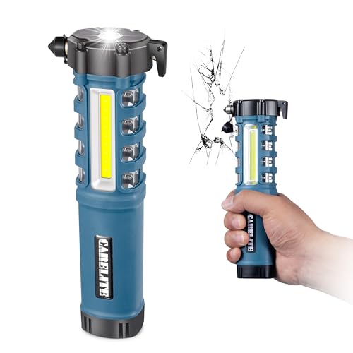 Emergency Car Flashlight with Seatbelt Cutter and Window Breaker, LED Work Light & Flash Beacon, Life-Saving Car Escape Tool for Roadside Safety (Blue)