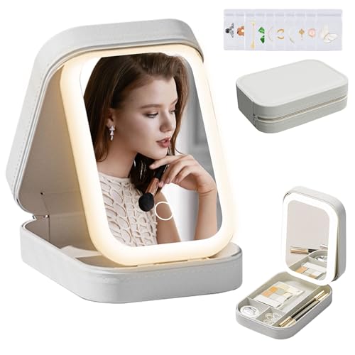 Image of LiveGo 3-Color LED Travel Jewelry Case and Makeup Bag with Mirror, Dust-Proof Jewelry Box, 10 Sealed Jewelry Bags - Compact Cosmetic Mirror Case for Women Girls Travel Essentials (White)