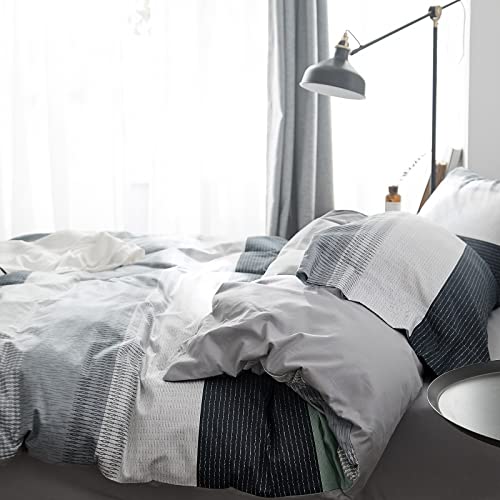 Vclife Cotton Full Queen Duvet Cover White Grey Blue Stripe Comforter Quilt & Pillow Protector Cover Sets Simple Style Geometry Bedding Sets, 1 Queen Duvet Cover 90" X 90" & 2 Pillow Shams 20" X26" #TOP5